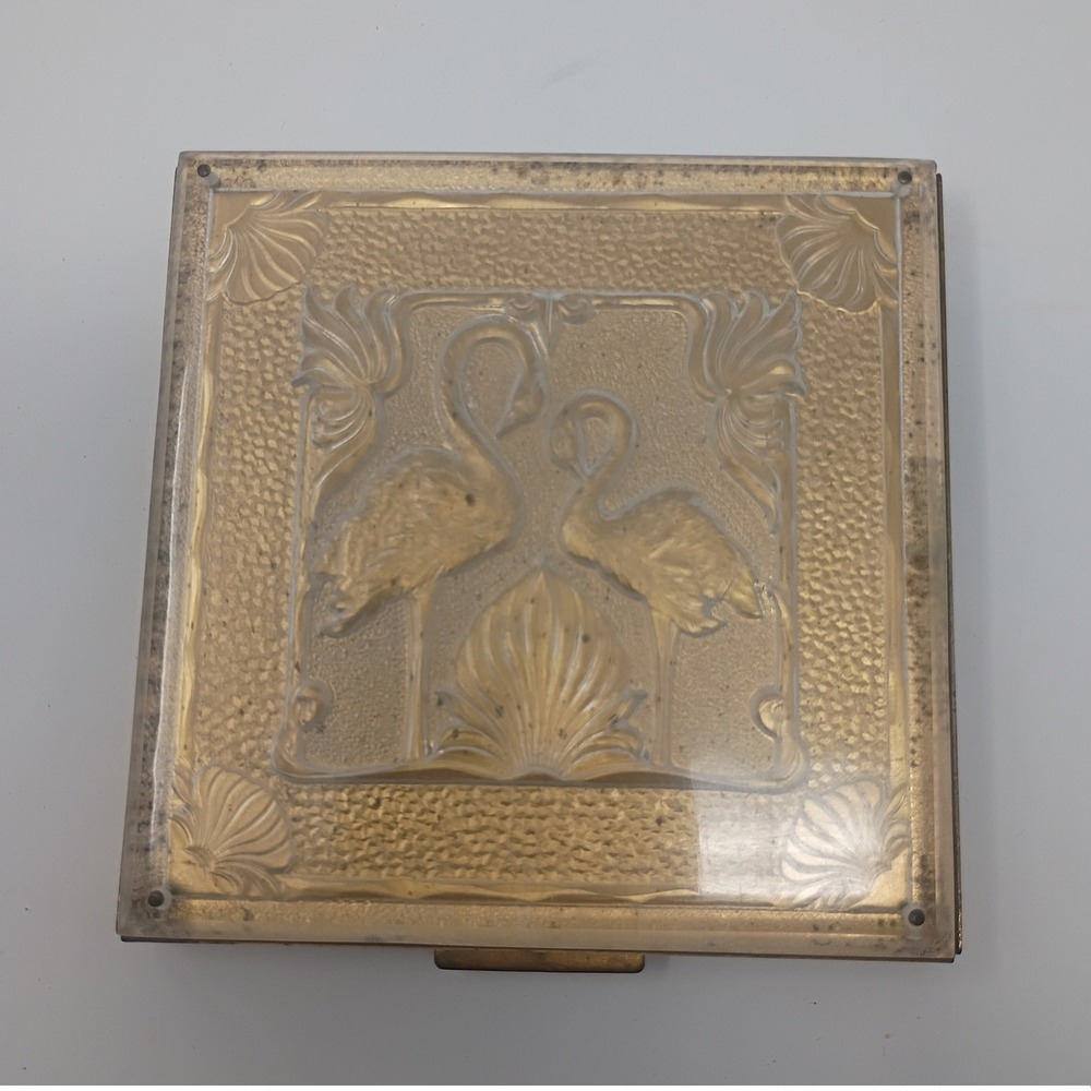 Vintage Rex 5th Avenue Powder Compact Art Deco Embossed Flamingo Gold Tone J1